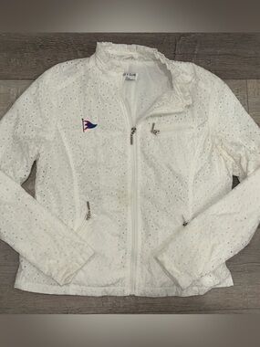 Coco Y Club White Eyelet Embroidered Zip Jacket Size M Nautical Preppy